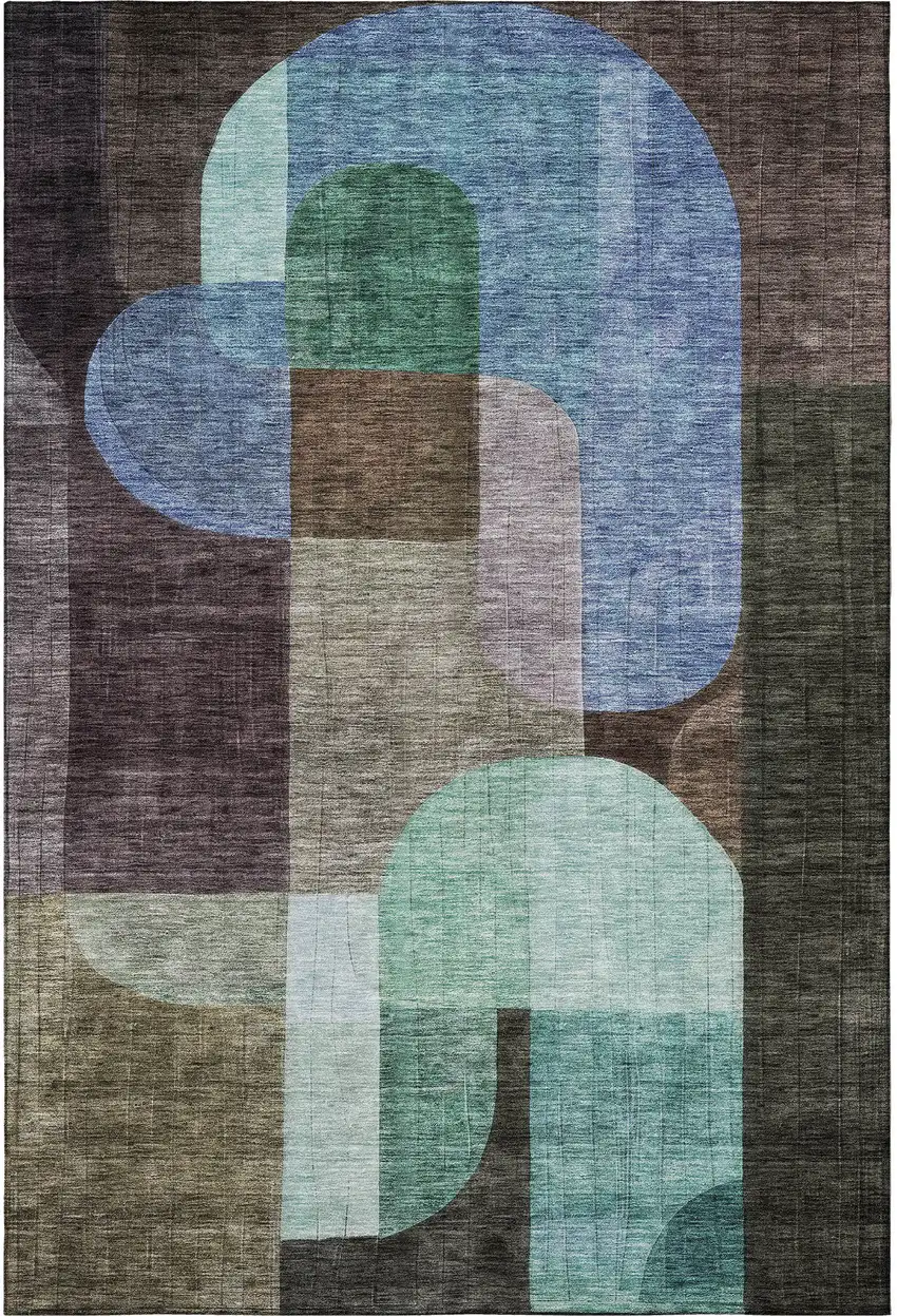 Brown Blue And Green Abstract Geometric Washable Area Rug With UV Protection Photo 2
