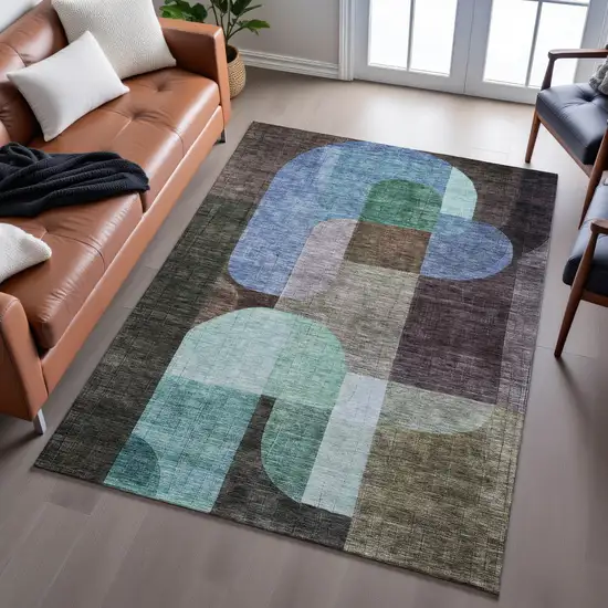 Brown Blue And Green Abstract Geometric Washable Area Rug With UV Protection Photo 4