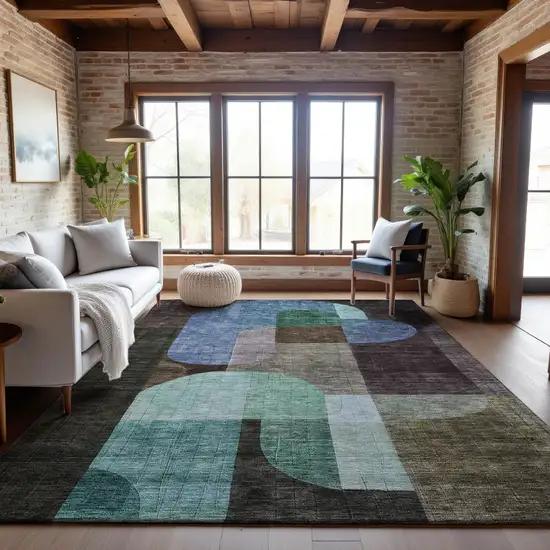 Brown Blue And Green Abstract Geometric Washable Area Rug With UV Protection Photo 3