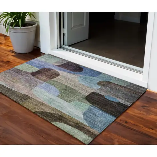 Brown Blue And Green Abstract Washable Indoor Outdoor Area Rug Photo 1