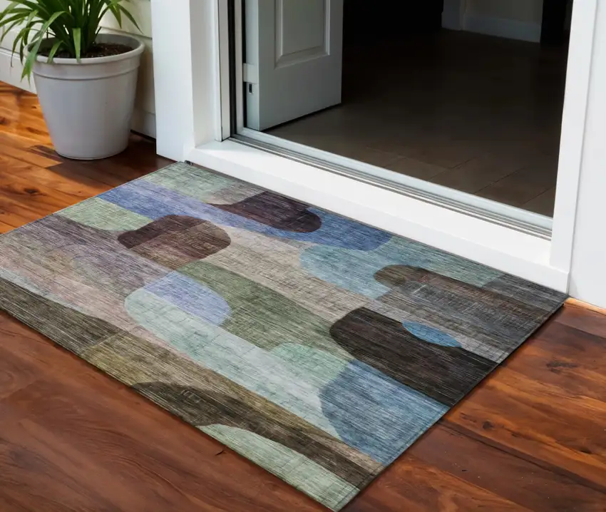 Brown Blue And Green Abstract Washable Indoor Outdoor Area Rug Photo 1