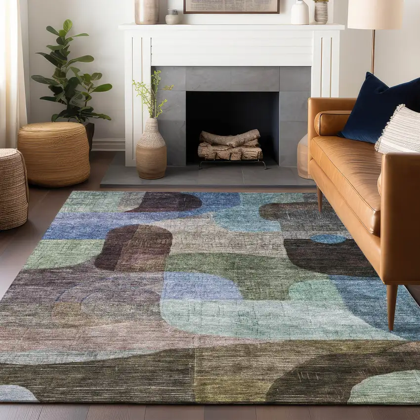 Brown Blue And Green Abstract Washable Indoor Outdoor Area Rug Photo 9