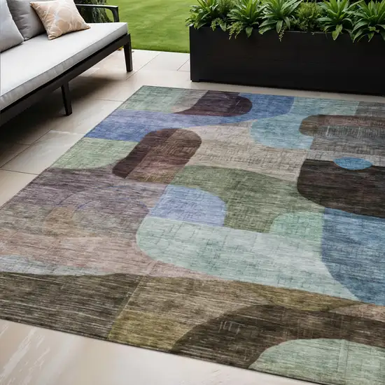 Brown Blue And Green Abstract Washable Indoor Outdoor Area Rug Photo 1