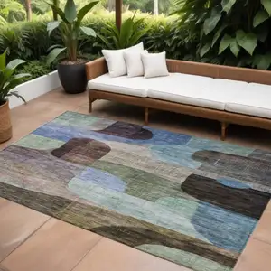 Photo of Brown Blue And Green Abstract Washable Indoor Outdoor Area Rug