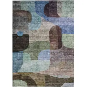 Photo of Brown Blue And Green Abstract Washable Indoor Outdoor Area Rug