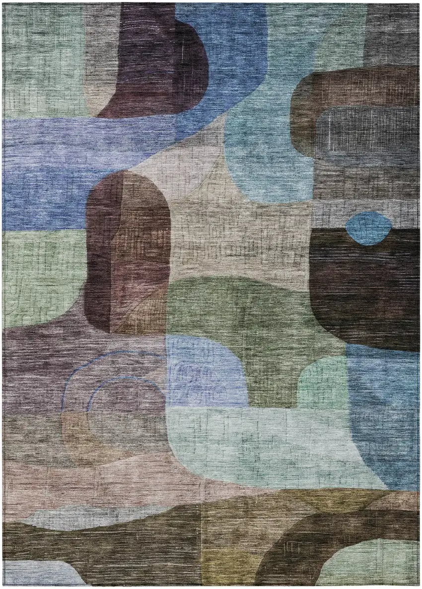 Brown Blue And Green Abstract Washable Indoor Outdoor Area Rug Photo 2