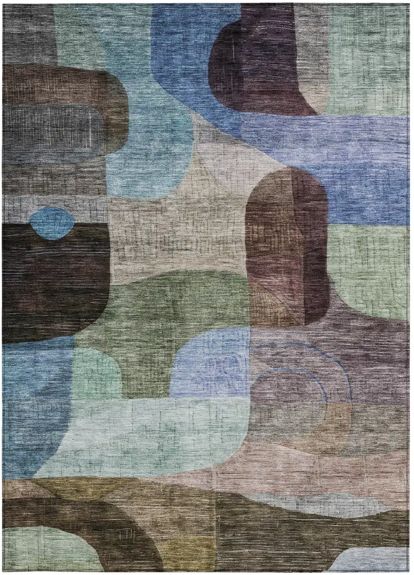 Brown Blue And Green Abstract Washable Indoor Outdoor Area Rug Photo 7