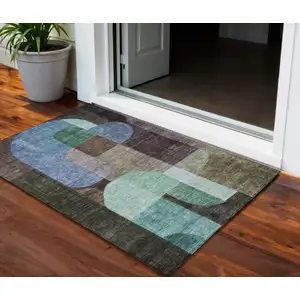 Photo of Brown Blue And Green Abstract Washable Indoor Outdoor Area Rug