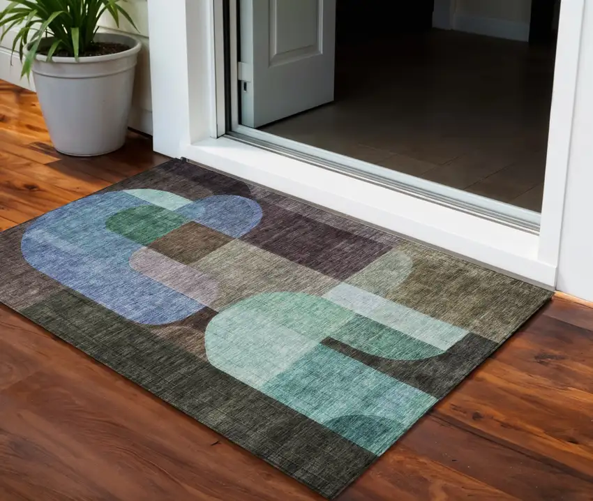 Brown Blue And Green Abstract Washable Indoor Outdoor Area Rug Photo 1