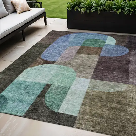 Brown Blue And Green Abstract Washable Indoor Outdoor Area Rug Photo 1