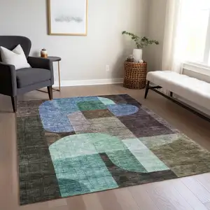 Photo of Brown Blue And Green Abstract Washable Indoor Outdoor Area Rug