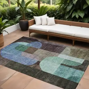 Photo of Brown Blue And Green Abstract Washable Indoor Outdoor Area Rug