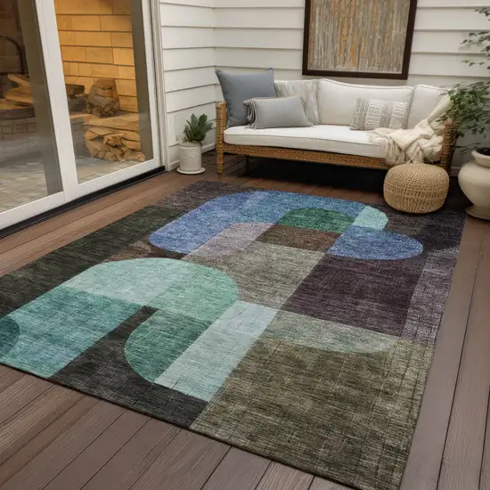 Brown Blue And Green Abstract Washable Indoor Outdoor Area Rug Photo 7