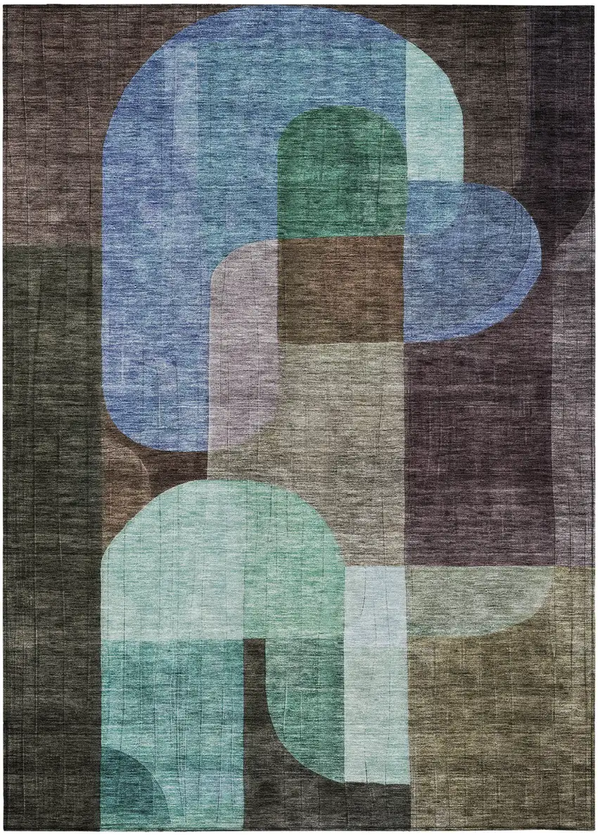 Brown Blue And Green Abstract Washable Indoor Outdoor Area Rug Photo 2
