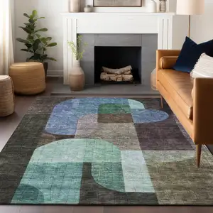 Photo of Brown Blue And Green Abstract Washable Indoor Outdoor Area Rug