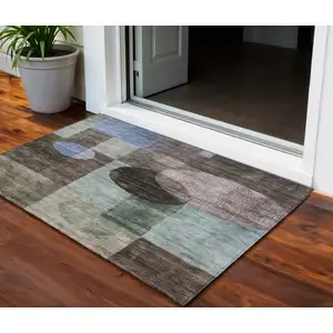 Photo of Brown Blue And Green Geometric Washable Indoor Outdoor Area Rug