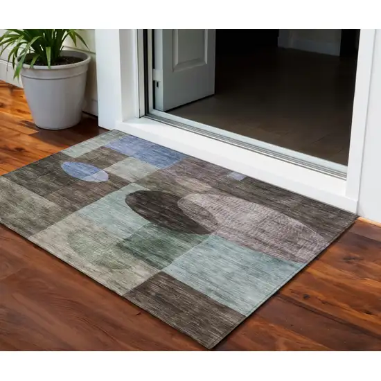 Brown Blue And Green Geometric Washable Indoor Outdoor Area Rug Photo 1