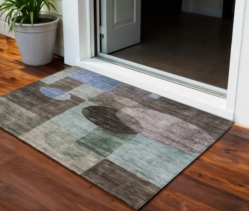 Brown Blue And Green Geometric Washable Indoor Outdoor Area Rug Photo 1