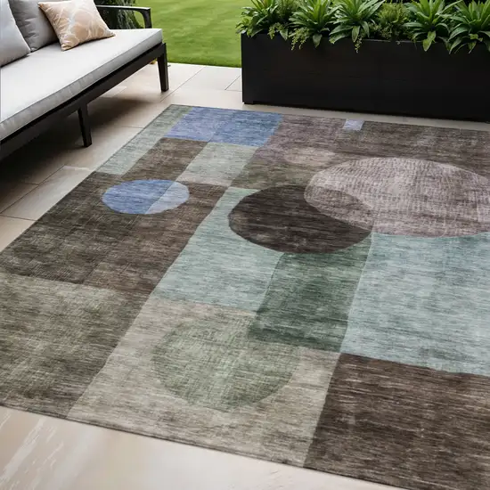 Brown Blue And Green Geometric Washable Indoor Outdoor Area Rug Photo 1