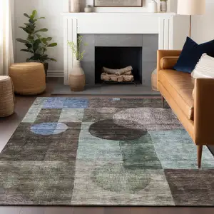 Photo of Brown Blue And Green Geometric Washable Indoor Outdoor Area Rug
