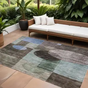 Photo of Brown Blue And Green Geometric Washable Indoor Outdoor Area Rug
