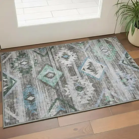 Brown Blue And Green Southwestern Washable Area Rug With UV Protection Photo 2