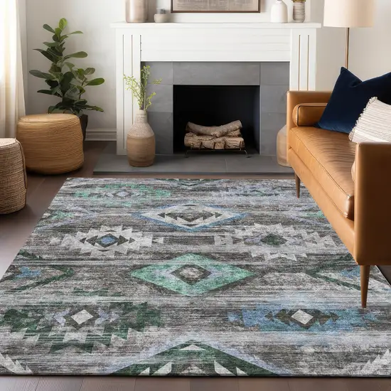 Brown Blue And Green Southwestern Washable Area Rug With UV Protection Photo 6