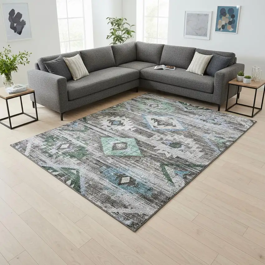 Brown Blue And Green Southwestern Washable Area Rug With UV Protection Photo 2