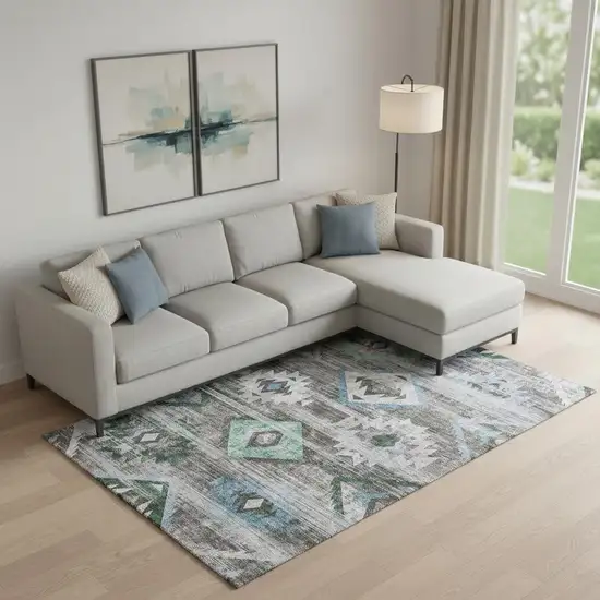 Brown Blue And Green Southwestern Washable Area Rug With UV Protection Photo 1