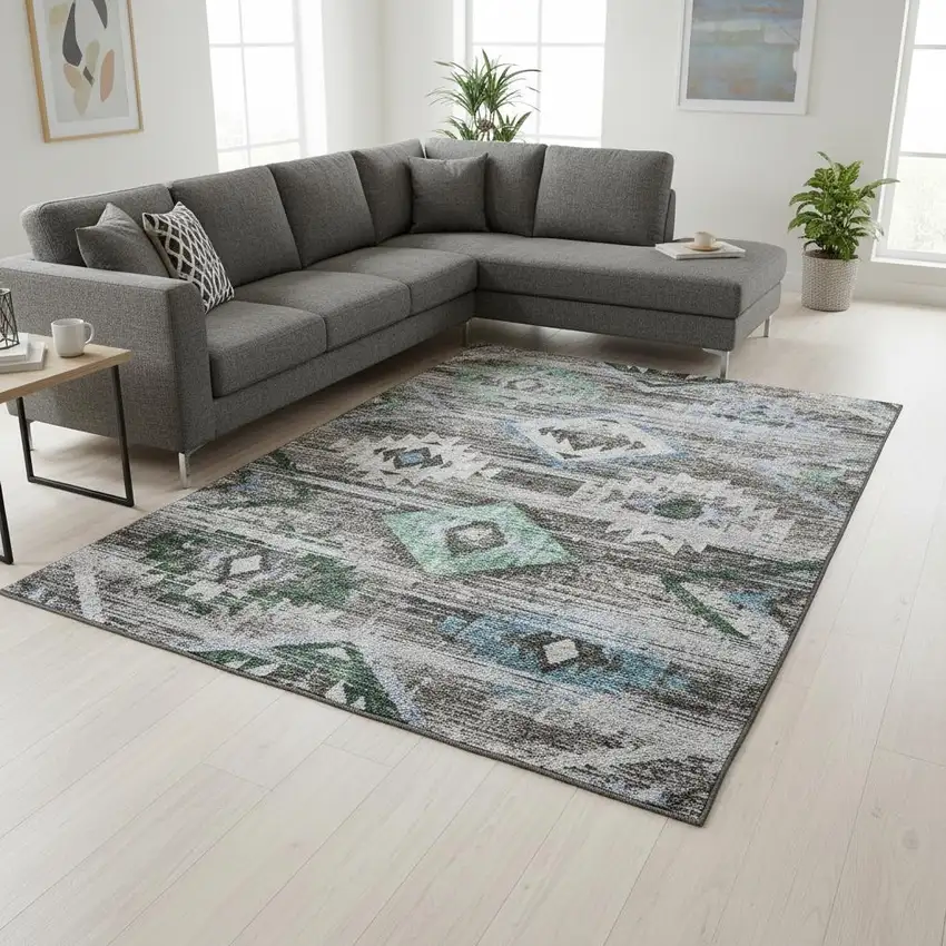 Brown Blue And Green Southwestern Washable Area Rug With UV Protection Photo 2