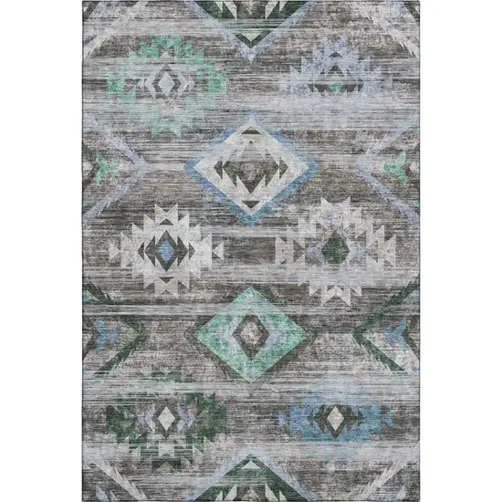 Brown Blue And Green Southwestern Washable Area Rug With UV Protection Photo 1