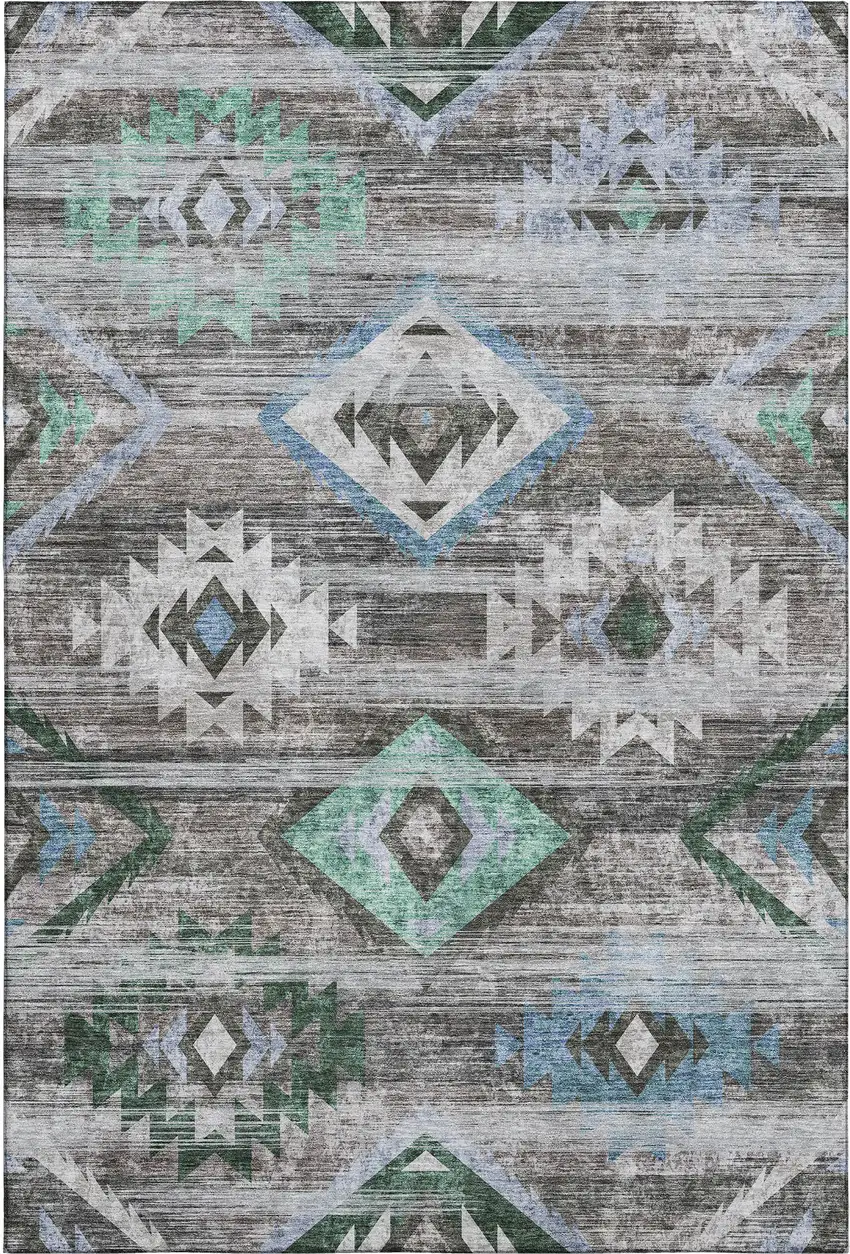 Brown Blue And Green Southwestern Washable Area Rug With UV Protection Photo 1