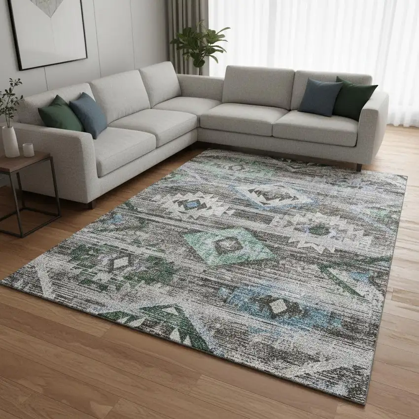 Brown Blue And Green Southwestern Washable Area Rug With UV Protection Photo 2