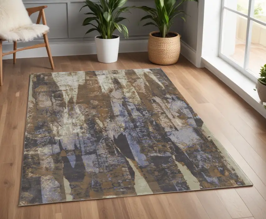Blue and Ivory Abstract Power Loom Distressed Area Rug Photo 1