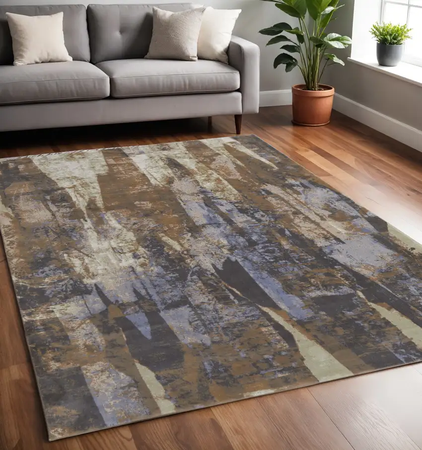 Blue and Ivory Abstract Power Loom Distressed Area Rug Photo 1