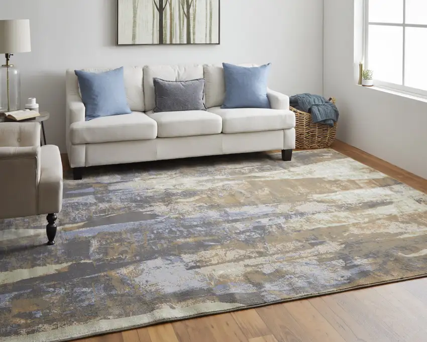 Brown Blue And Ivory Abstract Power Loom Distressed Area Rug Photo 6