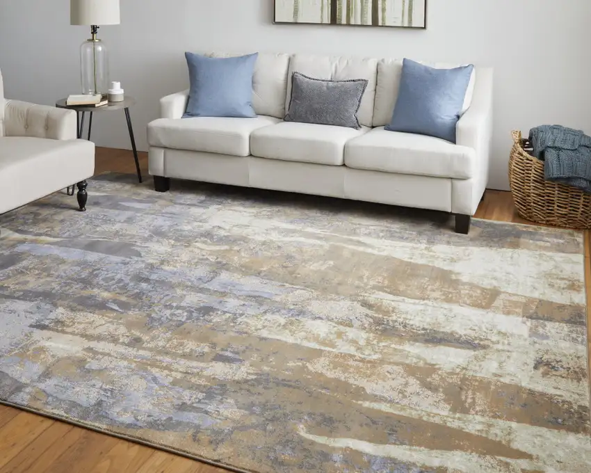Brown Blue And Ivory Abstract Power Loom Distressed Area Rug Photo 8