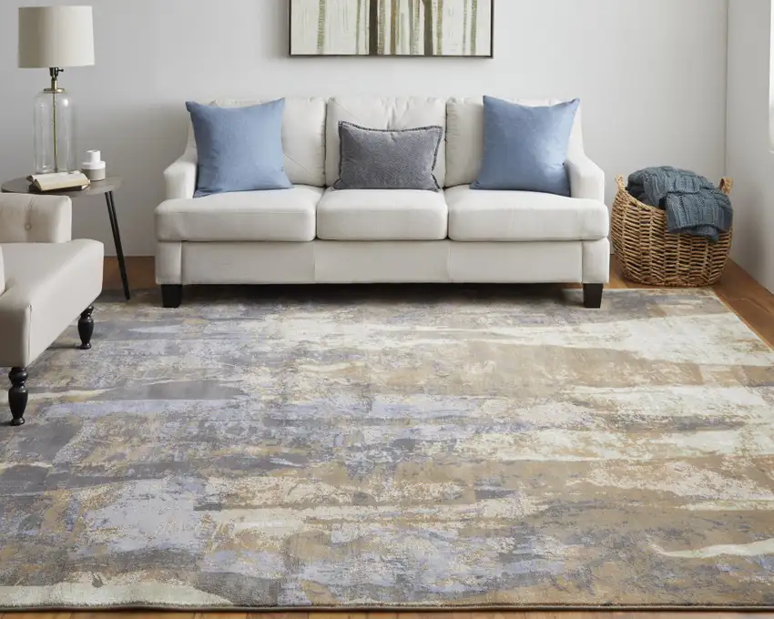 Brown Blue And Ivory Abstract Power Loom Distressed Area Rug Photo 7