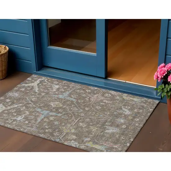 Brown Blue And Ivory Floral Washable Indoor Outdoor Area Rug Photo 1