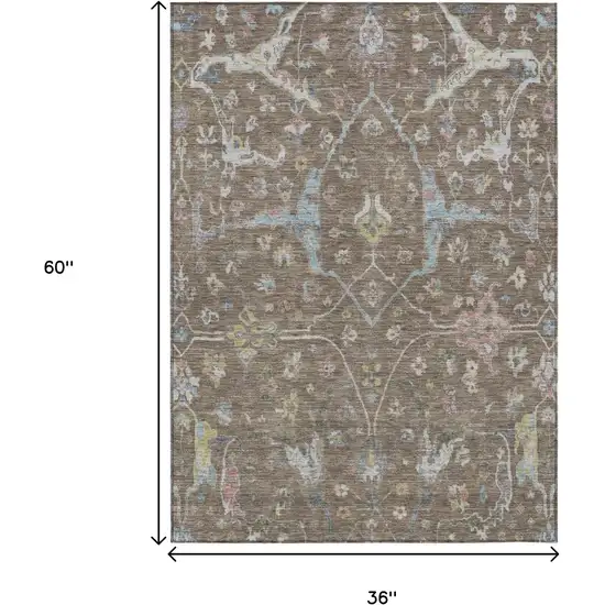 Brown Blue And Ivory Floral Washable Indoor Outdoor Area Rug Photo 3