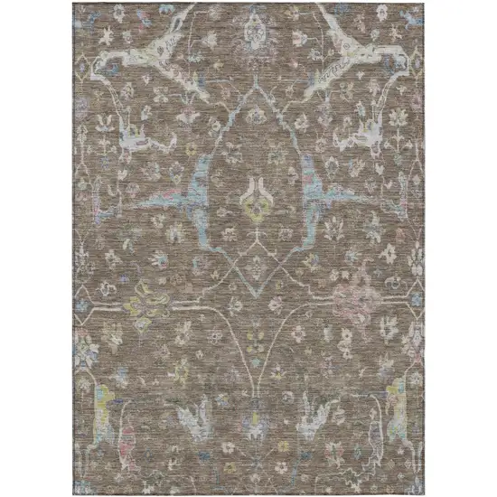Brown Blue And Ivory Floral Washable Indoor Outdoor Area Rug Photo 2