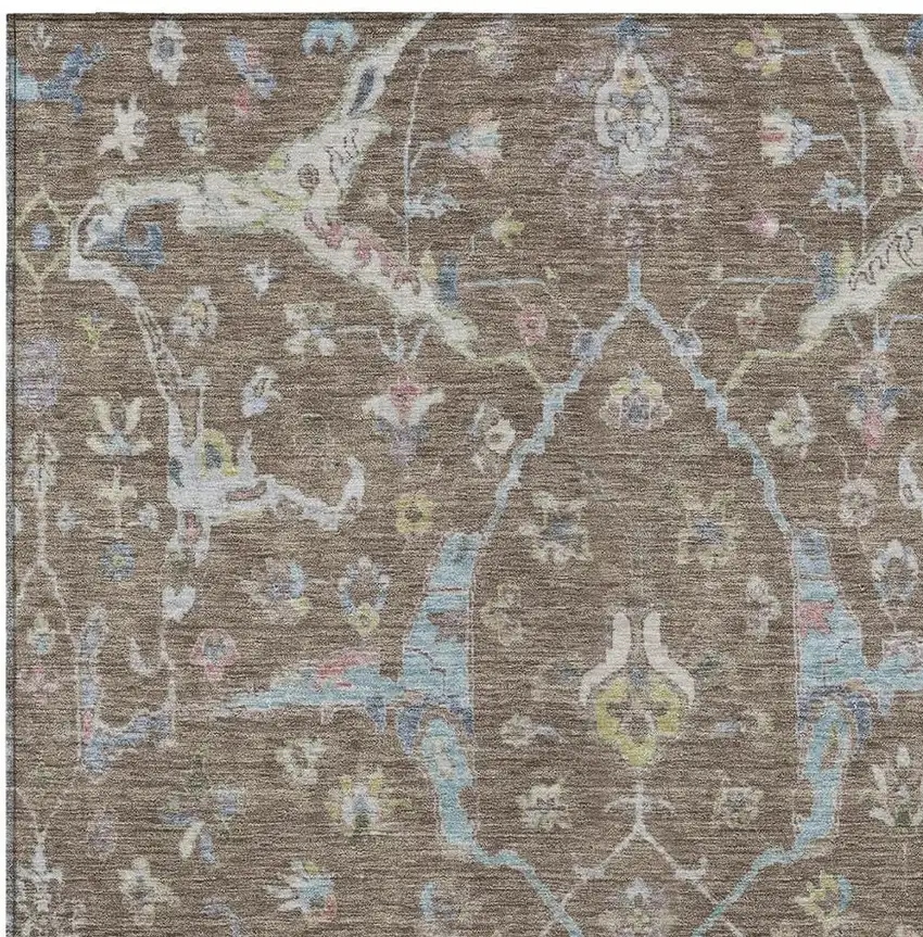 Brown Blue And Ivory Floral Washable Indoor Outdoor Area Rug Photo 6