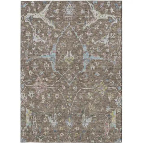 Brown Blue And Ivory Floral Washable Indoor Outdoor Area Rug Photo 4