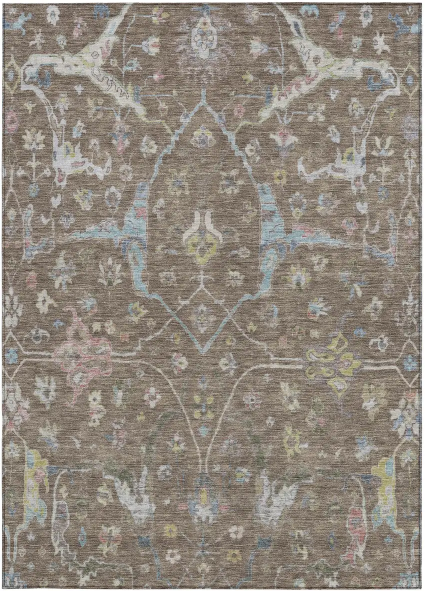 Brown Blue And Ivory Floral Washable Indoor Outdoor Area Rug Photo 4