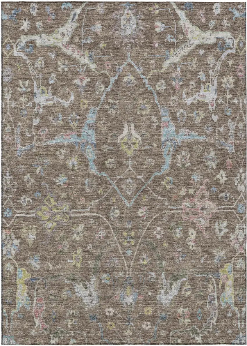Brown Blue And Ivory Floral Washable Indoor Outdoor Area Rug Photo 2