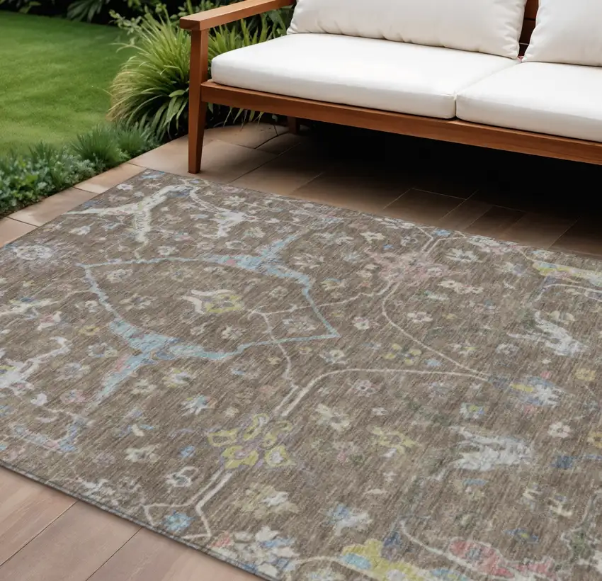 Brown Blue And Ivory Floral Washable Indoor Outdoor Area Rug Photo 1