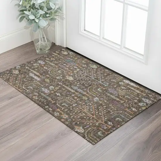 Brown Blue And Purple Floral Washable Area Rug With UV Protection Photo 2