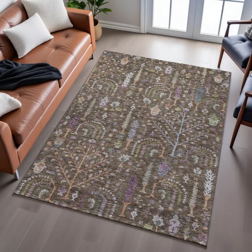 Brown Blue And Purple Floral Washable Area Rug With UV Protection Photo 5