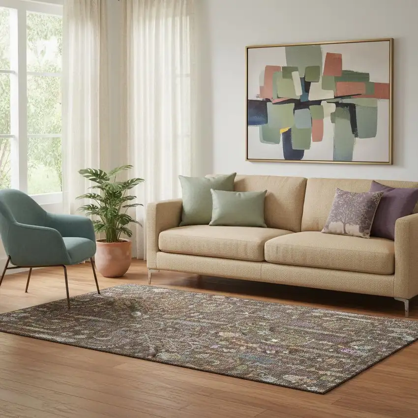 Brown Blue And Purple Floral Washable Area Rug With UV Protection Photo 2