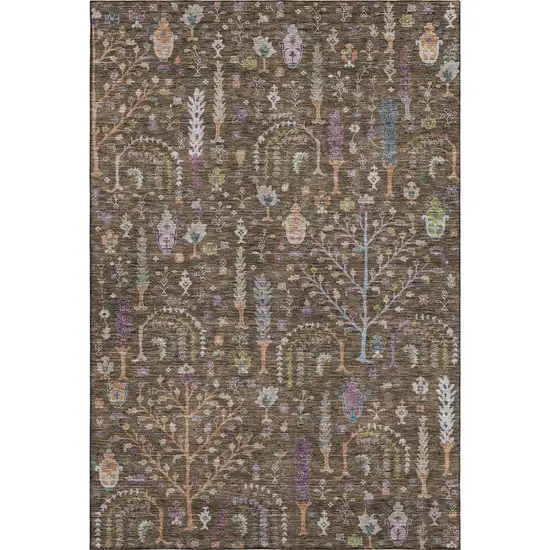 Brown Blue And Purple Floral Washable Area Rug With UV Protection Photo 1